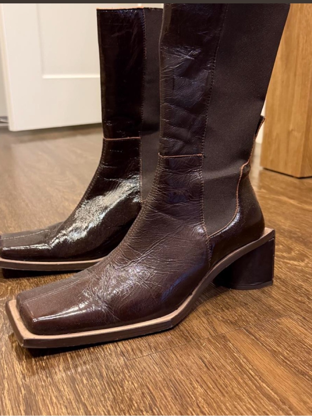 Miista Women's Brown Square-Toe Block Heel Boots